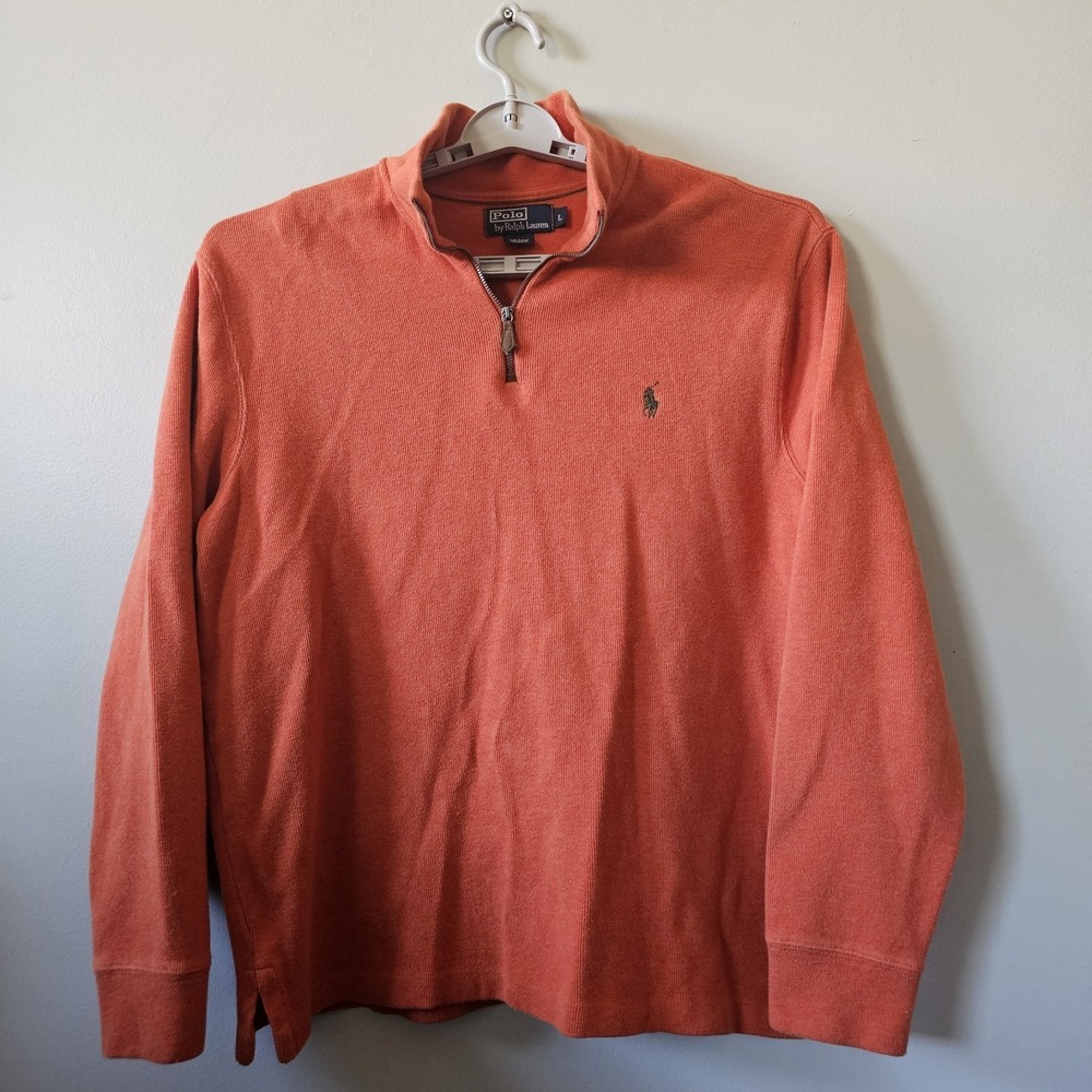 Polo Ralph Lauren Sweater Men's Large Orange Mesh Knit Quarter Zip Pullover Pony